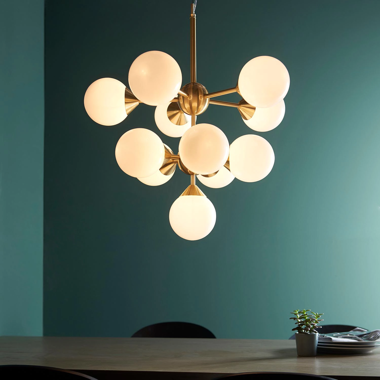 Cody dimmable 11-light pendant in brushed brass with opal glass shades ...