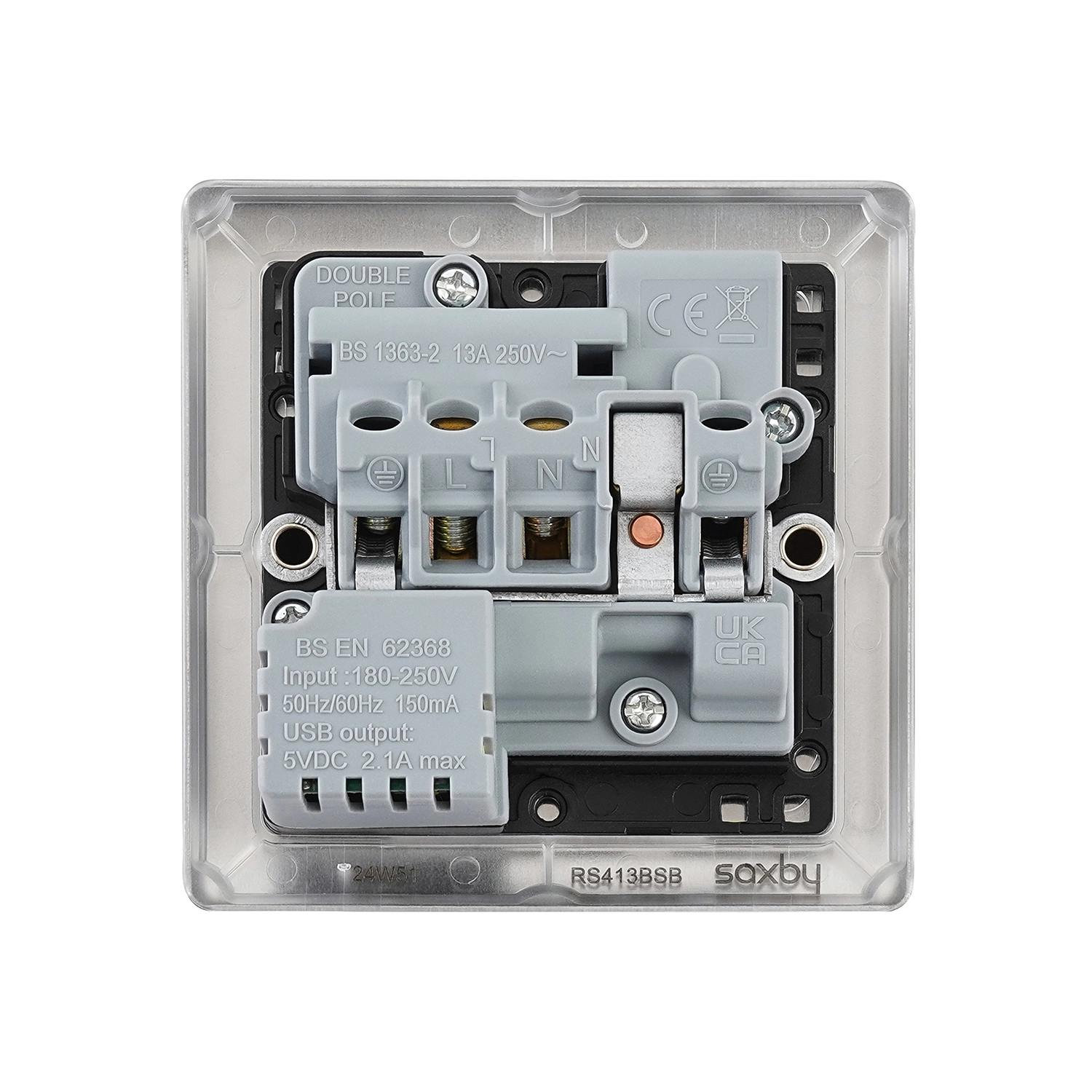 Raised Screwed 13A Socket with USB - Brushed Steel, Black | National ...