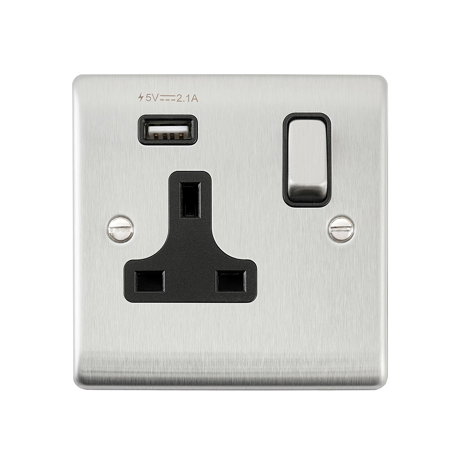 Raised Screwed 13A Socket with USB - Brushed Steel, Black | National ...