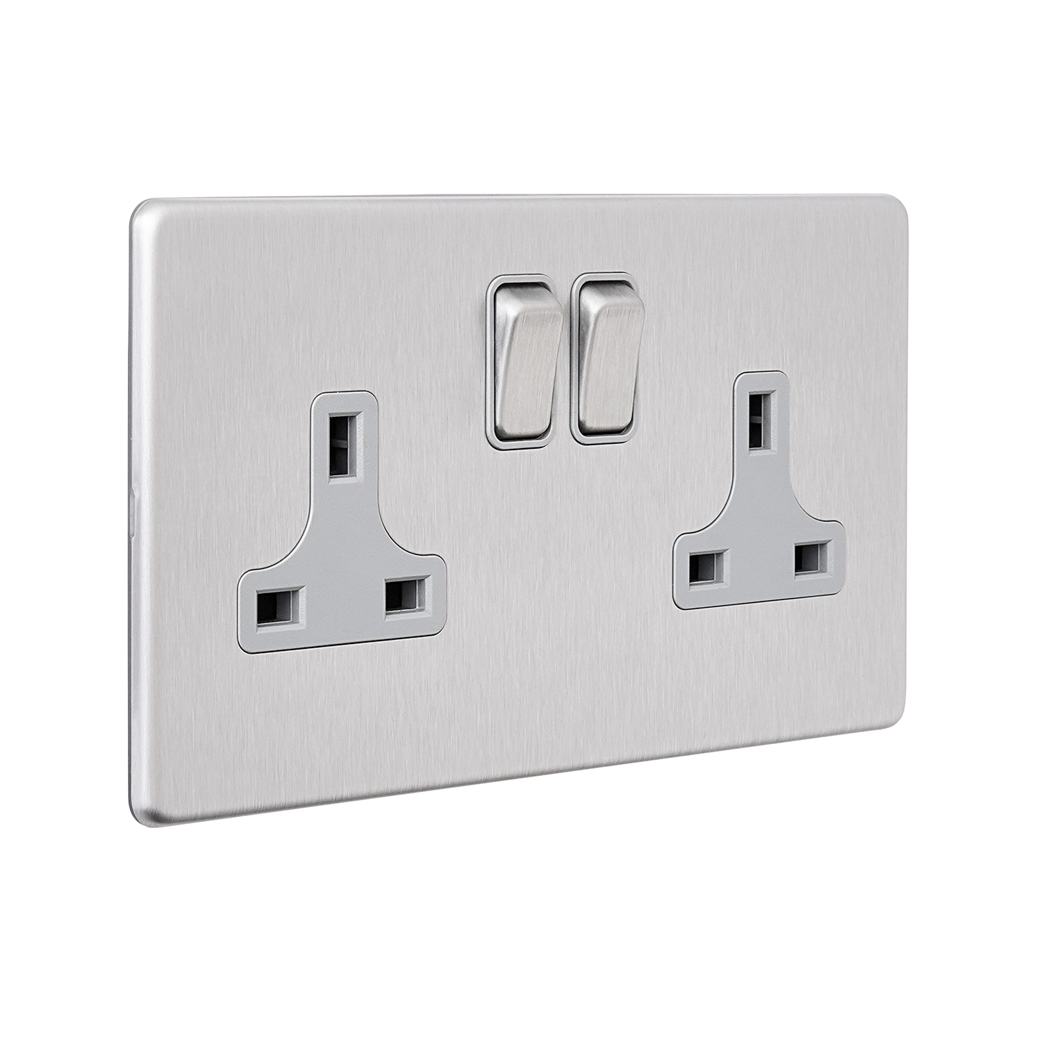13A 2G Switched Socket - Brushed Steel, Grey Insert | National Lighting ...